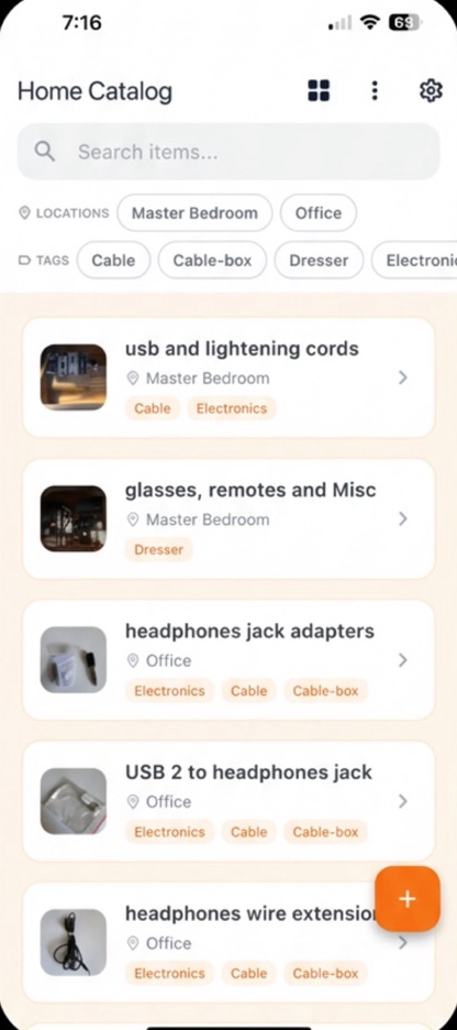 Home Catalog app: a searchable list of belongings organized by location and tag